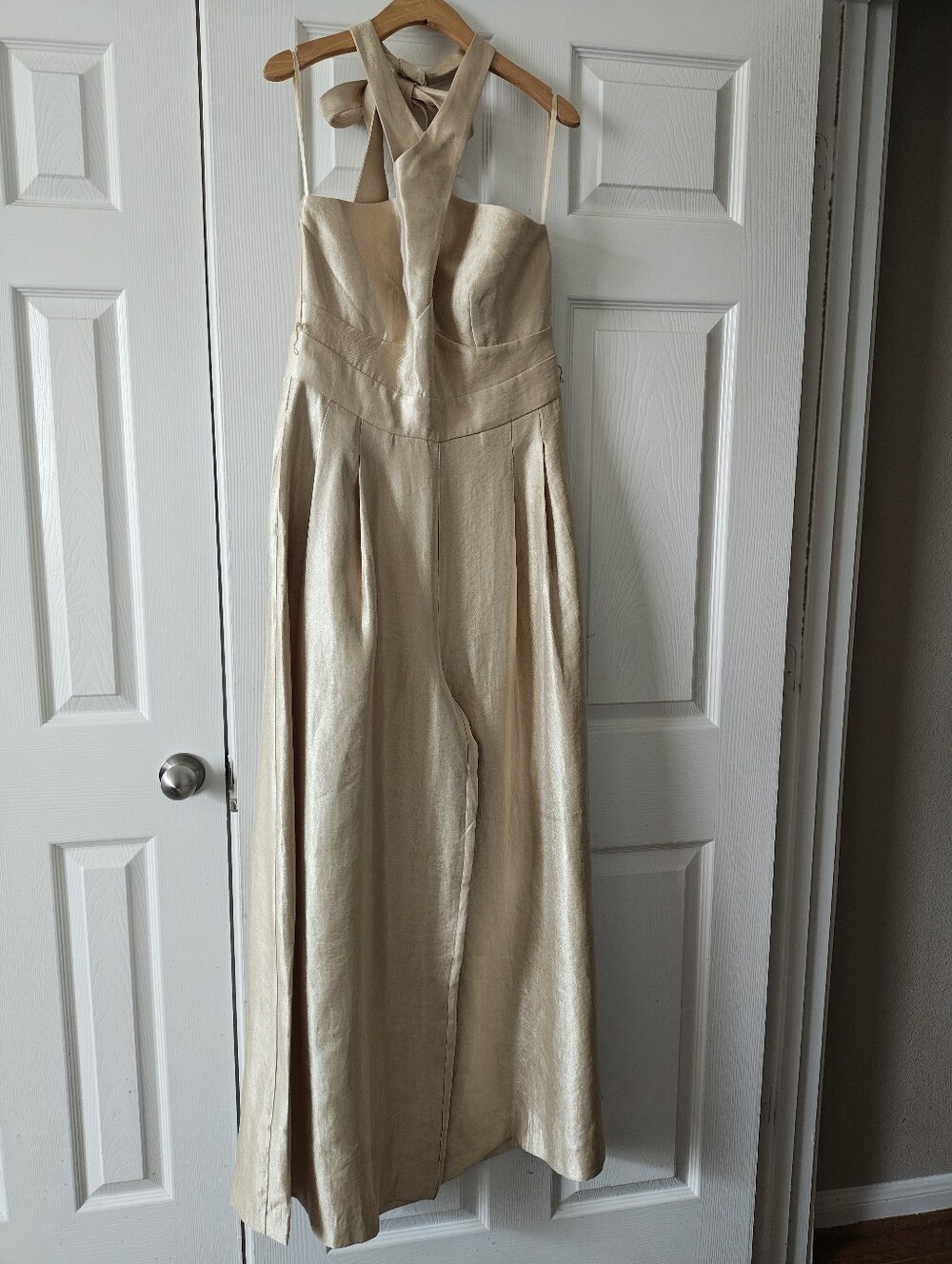 White House Black Market Champagne Halter-Belted Wide-Leg Jumpsuit - Picture 5 of 5